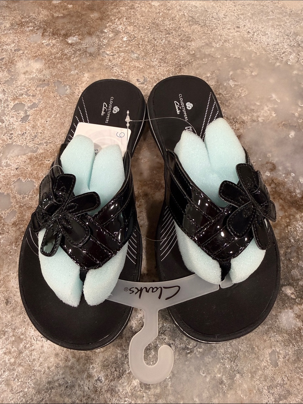 Clarks Black Patent Floral Thong Sandals